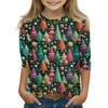 Children's 3/4 Sleeve Tops Casual Christmas Print T Shirt Round Neck Pullover Blouse