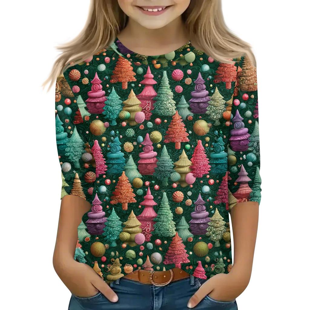 Children's 3/4 Sleeve Tops Casual Christmas Print T Shirt Round Neck Pullover Blouse