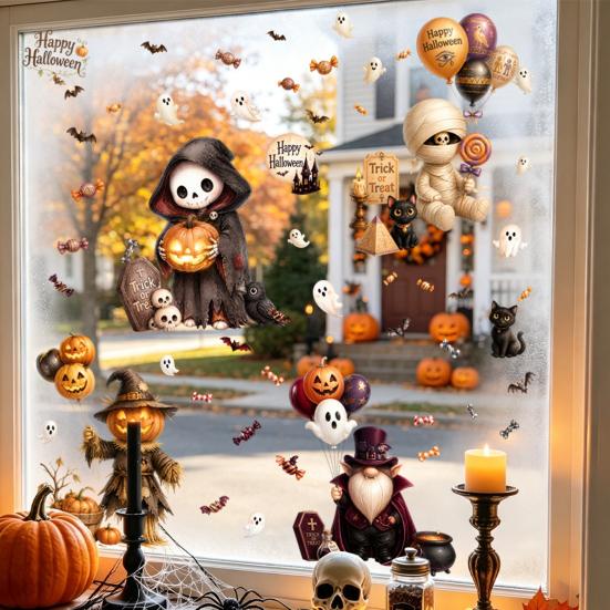 Decorative Glass Decals for Party 4Pcs Halloween Cartoon Window Clings, Pumpkin Ghost Scarecrow Stickers, Waterproof Murals Removable Home