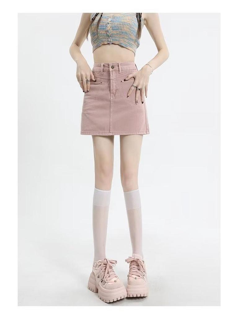 Falda Vaquera de Verano para Mujer Rosa Sucio Cintura Alta Corte A - Ajuste Slim, Anti-Exposición, No Elástica.