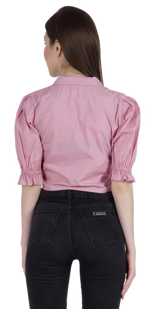 Moomaya Puff Sleeve Crop Top For Women Solid Button Down Collar Designer