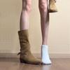 Suede pointed knight boots wasteland wind belt buckle thick heel short boots advanced sense thin two wear western boots