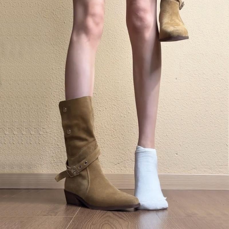 Suede pointed knight boots wasteland wind belt buckle thick heel short boots advanced sense thin two wear western boots