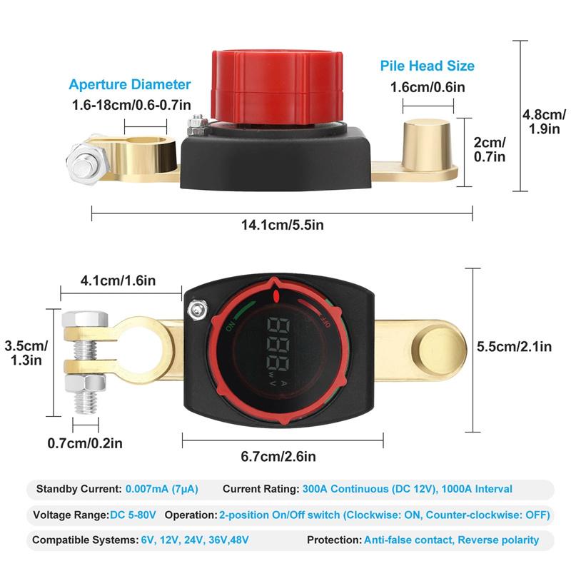 Top Post Battery Disconnect Switch 12V-48V With Led Voltmeter Dc 5-60V Battery Kill Switch On/Off Battery Cut Off Switch For Car