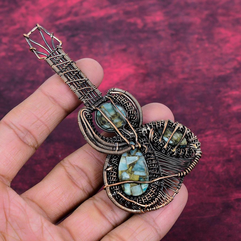 Copper Amazonite Gemstone Pendant Handmade Copper Wire Wrapped Guitar Pendant