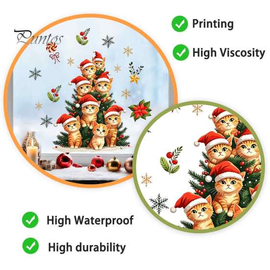 Reusable Glass Stickers Christmas Static Window Clings, Orange Cat Tree Stickers, Santa Hat Kitten Party Supplies Xmas Decals, Festive Holiday
