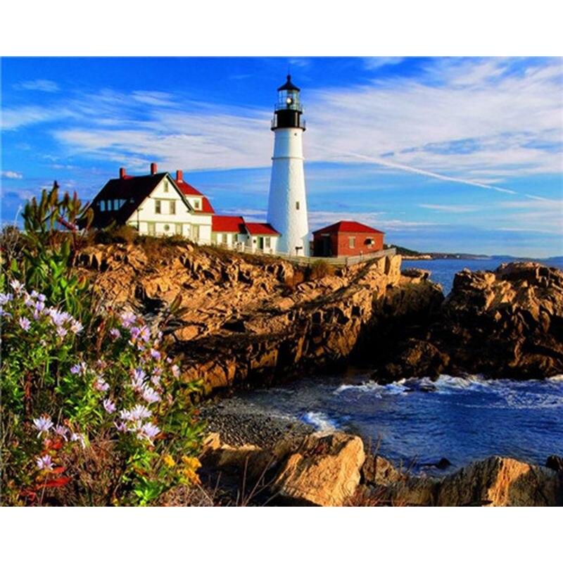 Embroidery Stitch Cross Diamond Lighthouse Diamond Painting 5d Diamond Mosaic Seascape Full Round Home Decor