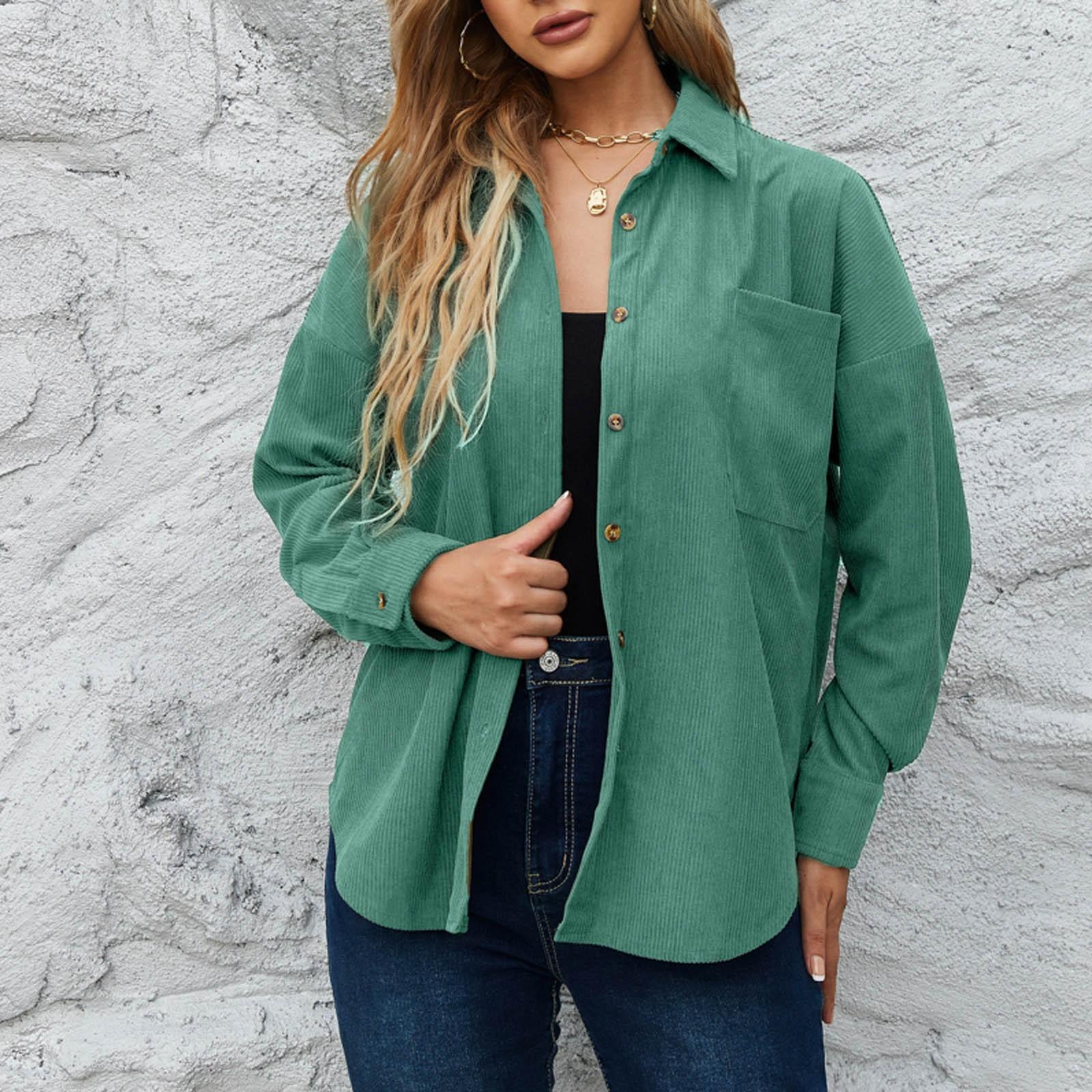 

Женская мода повседневная вельветовая свободная куртка пальто однотонная рубашка L армия зеленый