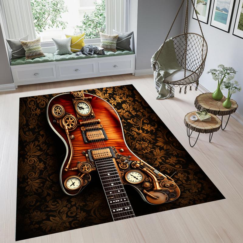 Steampunk Guitar Rug Retro Music Entryway Doormat NonSlip Easy Clean Stylish Decor Carpet for Living Room Bedroom Pet Friendly