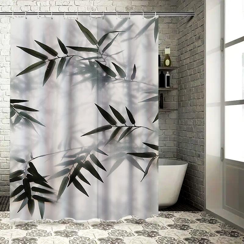 Modern Bamboo Leaves Waterproof Shower Curtain Heat Resistant Machine Washable Non-Transparent 180X180Cm