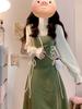Women's Green Retro Faux Two-Piece Dress - Unique Style, Autumn/Winter 2025 Collection