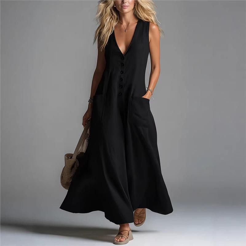2026 European and American spring and summer new sticker pockets deep V-neck solid color casual dress S