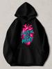 Black Pullover Hoodie with Pink Anatomical Heart And Listen To Your Heart Graffiti Text, Unisex Casual Streetwear Sweatshirt for D