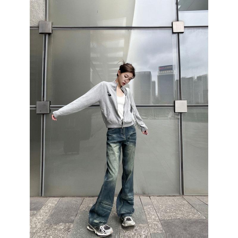 American Hot Girl Wide Leg Slightly Booted Jeans Women's Autumn Winter New High Waist Straight Retro Distressed Floor Pants