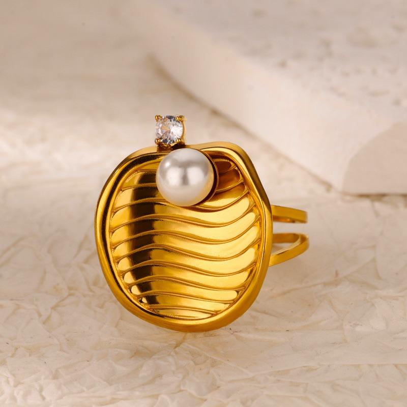 K Gold Plated Stainless Steel Pearl Ring Shell Ring Gold Plated Head Jewelry Open Ring