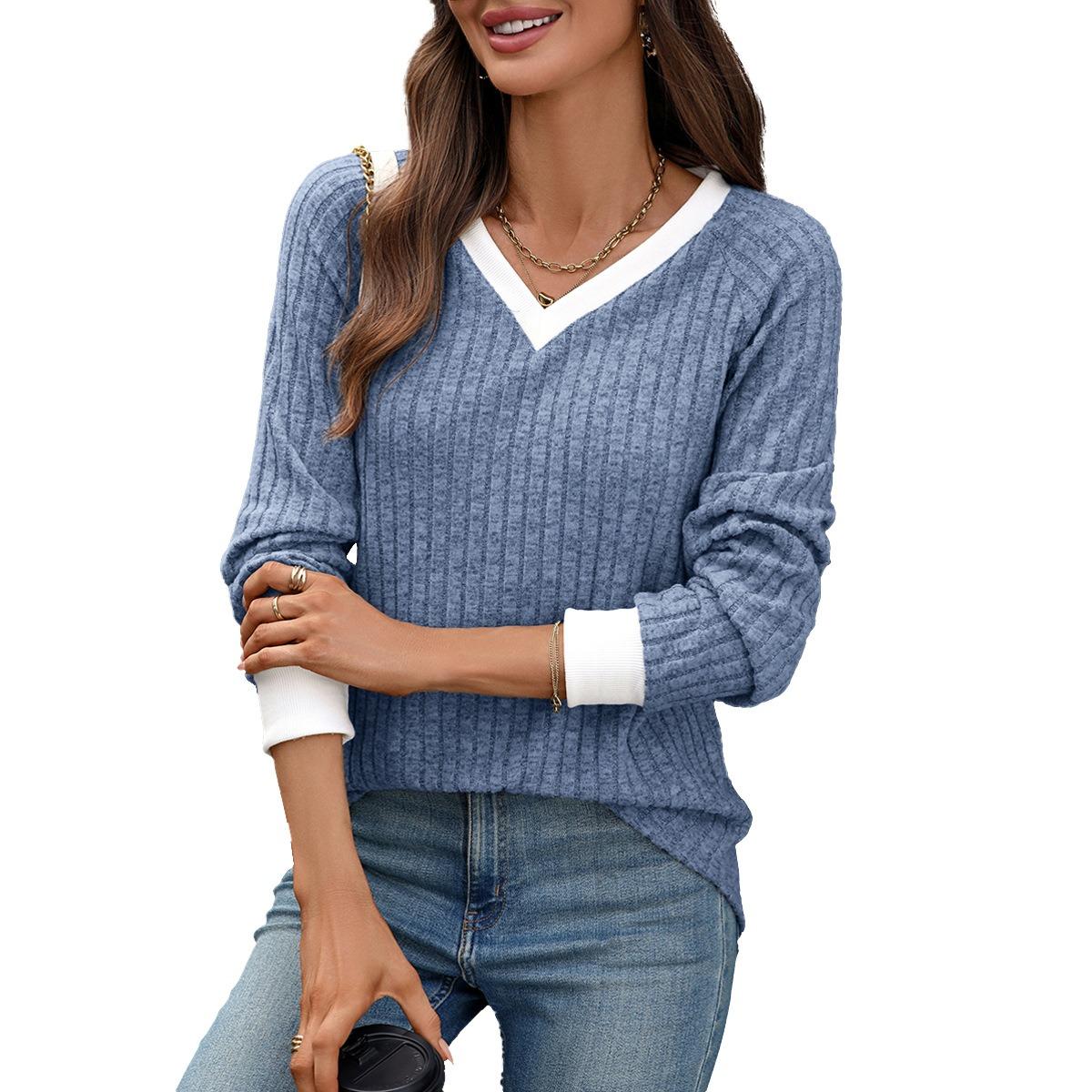 

Fall Winter New Color Block V-Neck Loose Long Sleeve Brushed T-Shirt Top For Women, Cross Border Wholesale S
