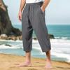 Men's Casual Summer Waist Drawstring Multi-pocket Linen Cropped Pants Beach Pants