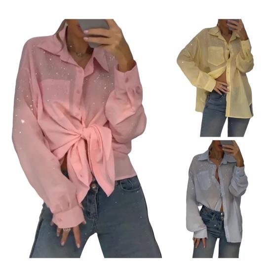 Dames Overhemd Revers Lange Mouw Goudstiksel Design Overhemd Tops Enkelrijig Effen Kleur Losvallend Dunne Overhemd Dagelijks Gebruik