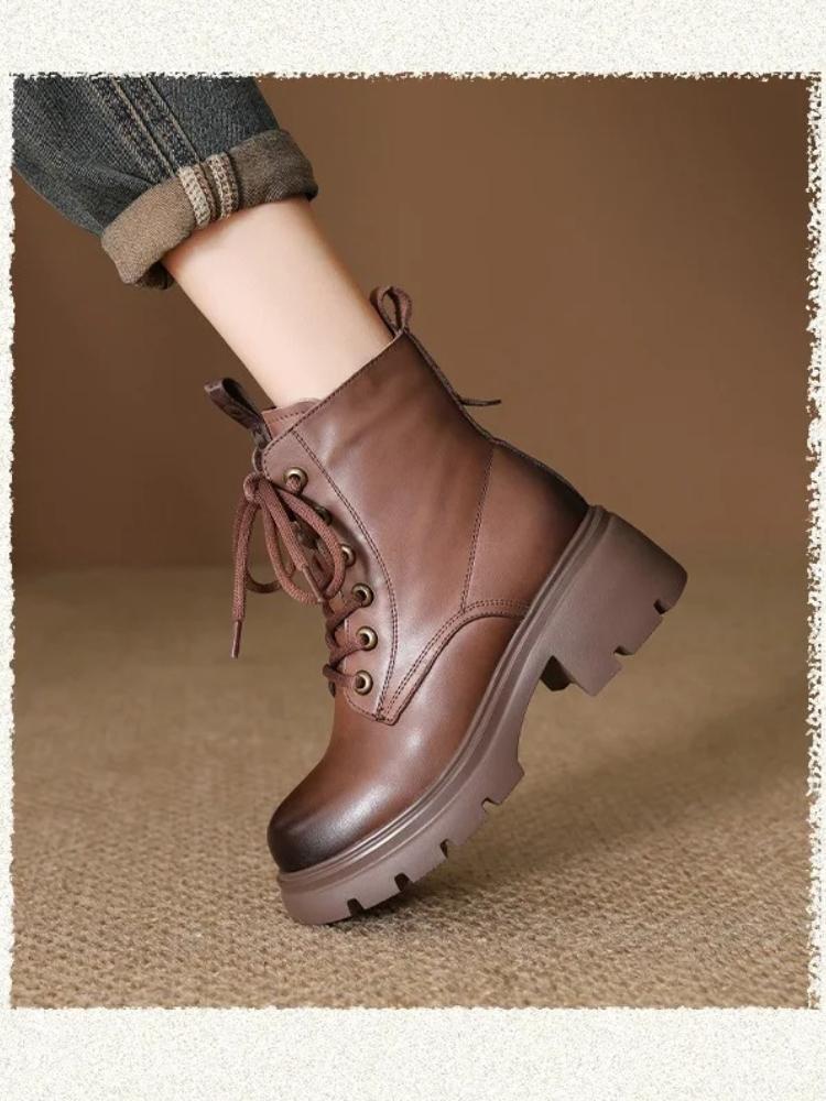 Johnature Genuine Leather Women's Shoes Versatile Lightweight Anti Slip Thick Heel Short Boots