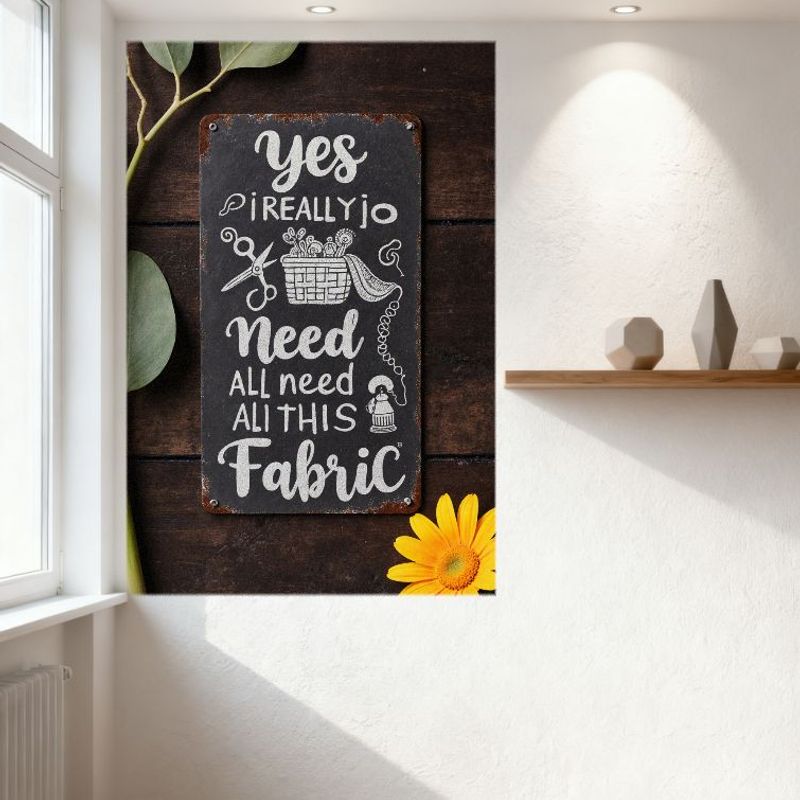 Vintage Rustic Dark Gray Metal Sign, White Hand-Drawn Sewing Text & Doodles (Scissors, Fabric, Spools), Brown Metal Border, for