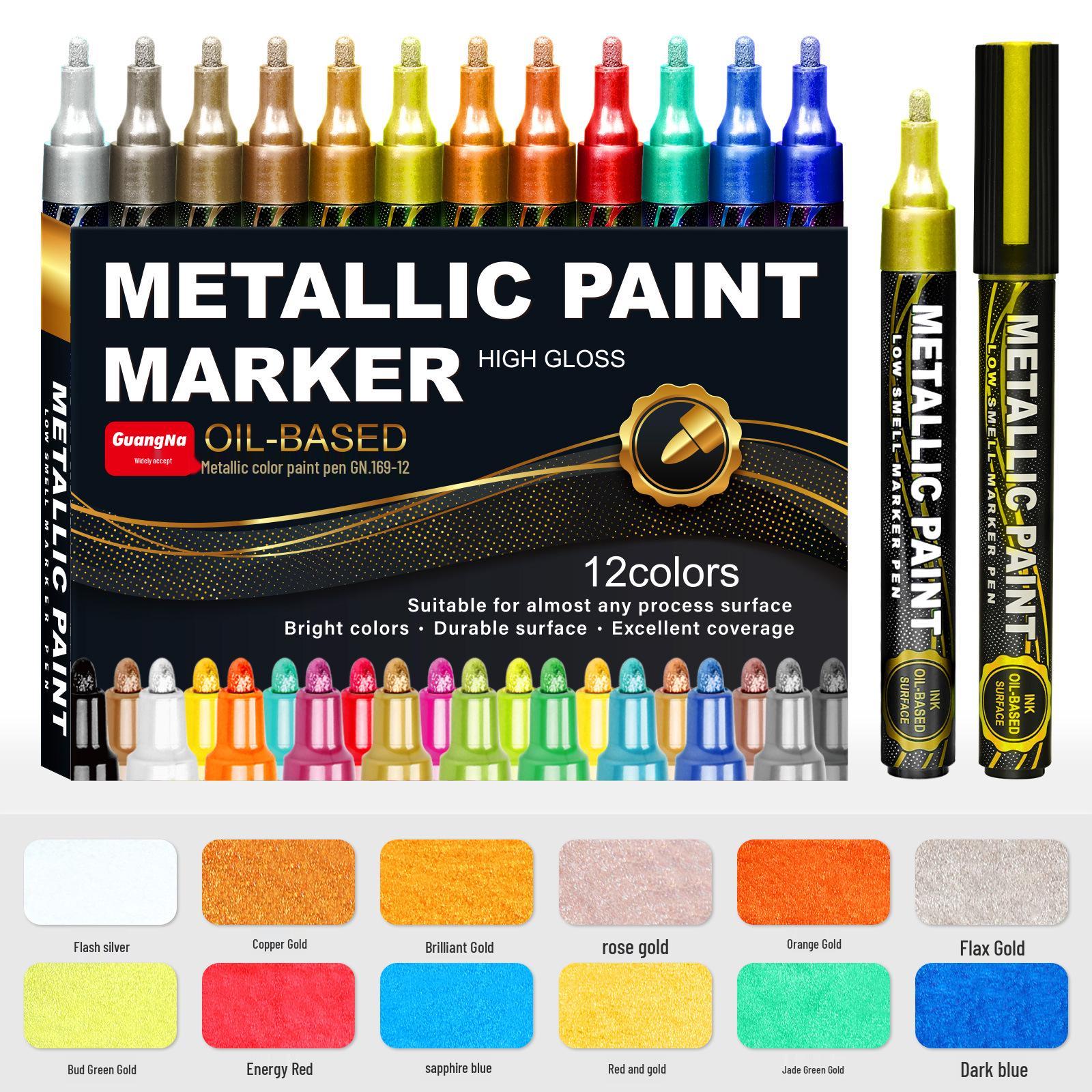 12-Color Metallic Oil-Based Marker Pens: Waterproof, Quick-Drying, Stackable Tips for DIY, Painting, & Graffiti.