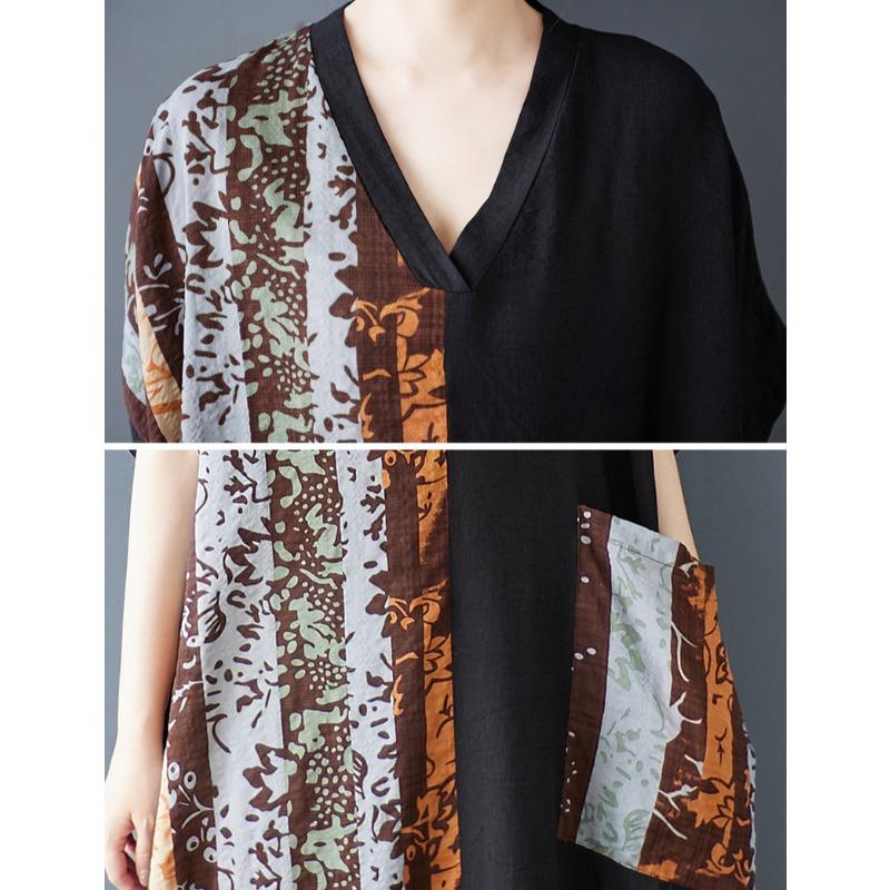 DIMANAF 2025 Plus Size Summer Women Long Dress Oversized Vintage Basic Pocket V-Neck Casual Printing Loose Dress