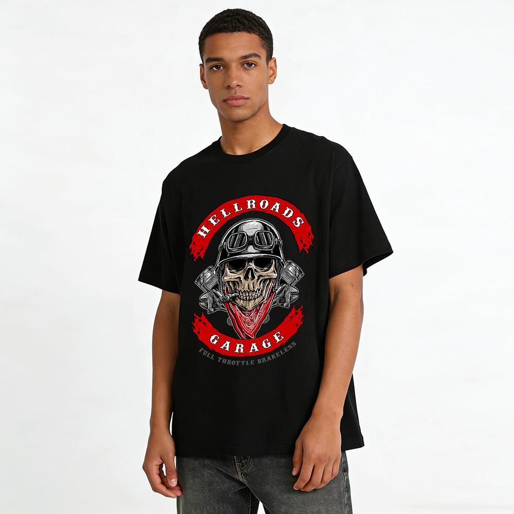 Hellroads Garage Skull Biker Tee Full Throttle Brakeless Motorhead Top Pure cotton T-shirt
