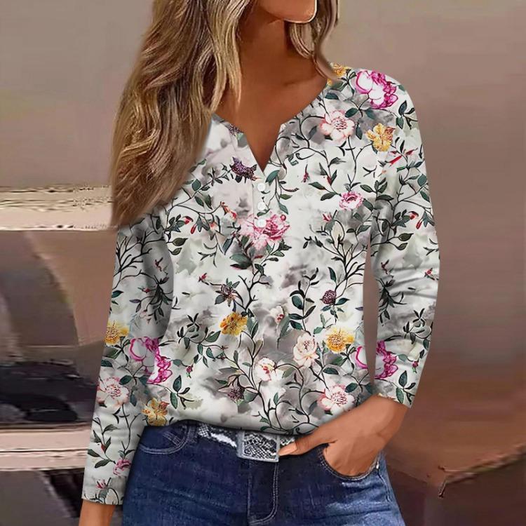 Damen T-Shirt mit Blumenmuster V-Ausschnitt Langarm Reguläres Oberteil Basic T-Shirt Alltags-Wochenend-Mode Knopf