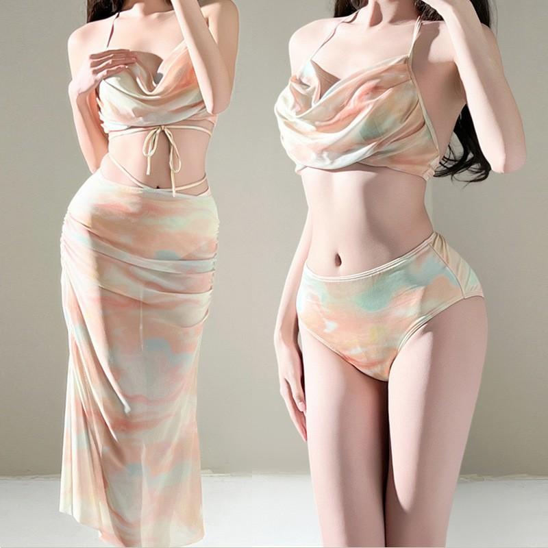 Swimsuit Women s Split Three-piece Suit Small Fresh Tie-dyed Seaside Hot Chest Bathing S recommends 80-95 kg жёлтый