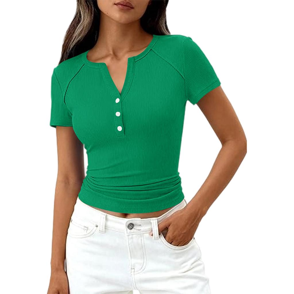 Haut T-shirt Décontracté Mode Femme Couleur Nouvelle Manches Courtes Bouton Décoratif Col en V