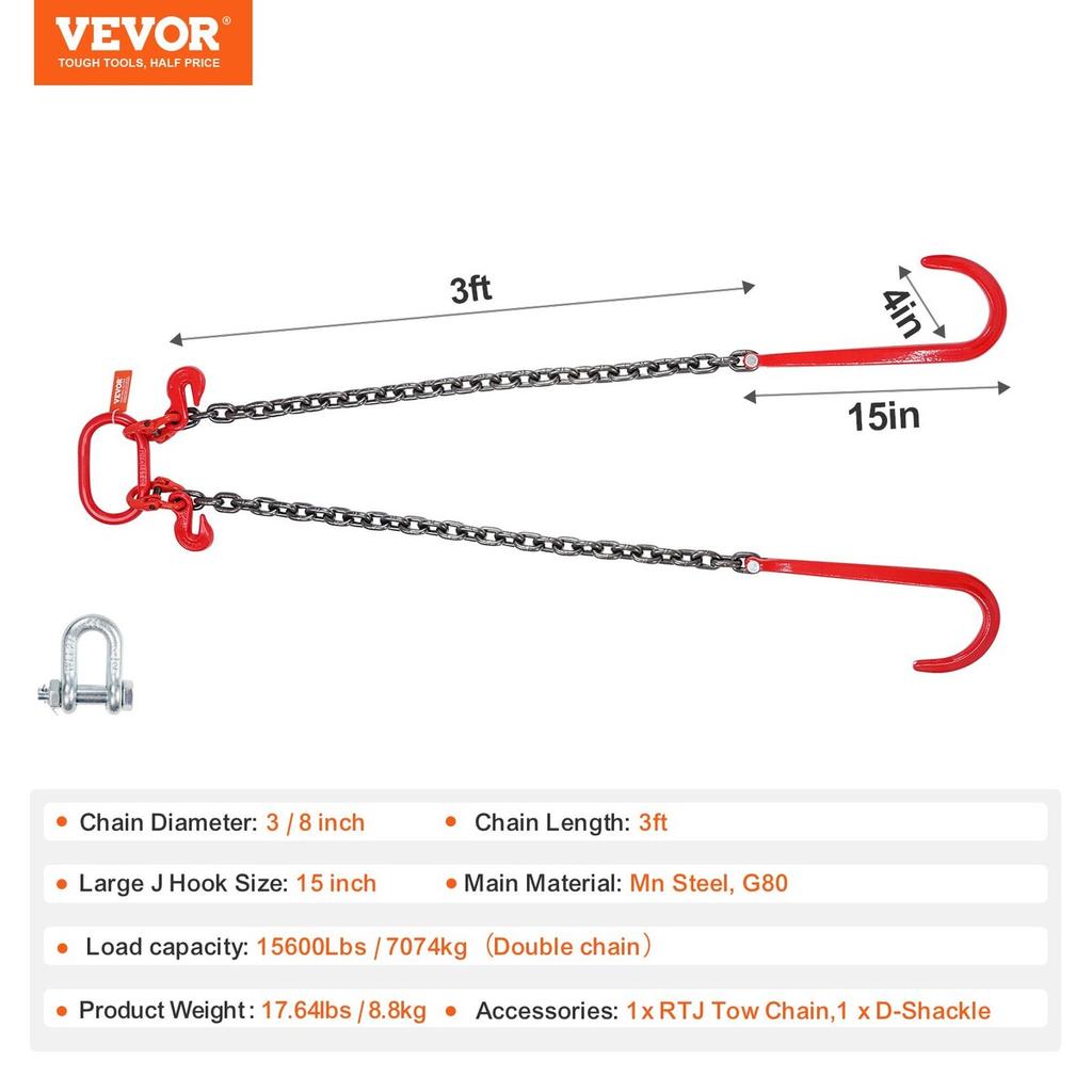 3/8" X 3' G80 Tow Chain J Hook V-Chain Bridle Grab Hook Wrecker 15600 Lbs