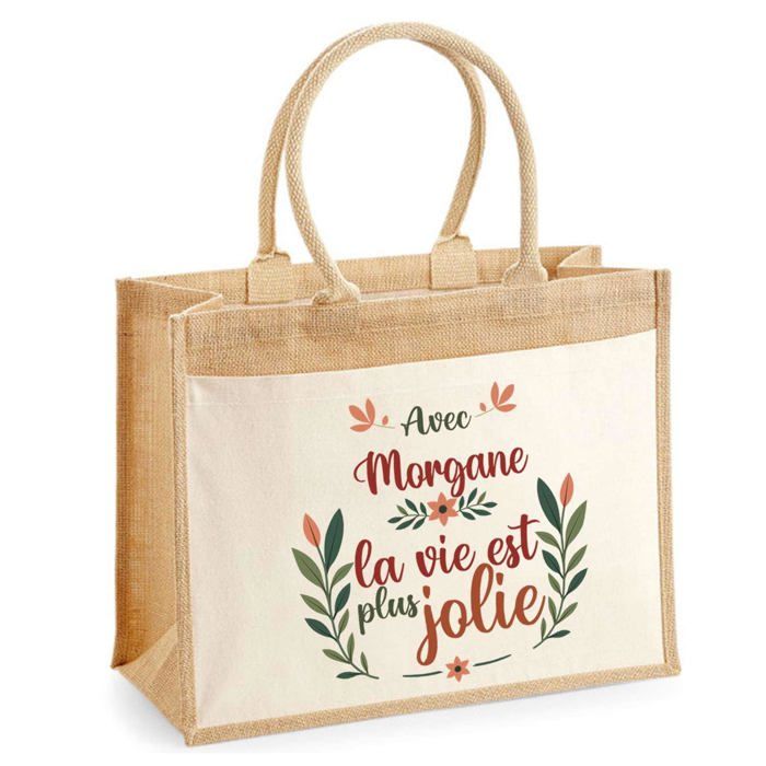 Sac cabas - PLANETEE - jute avec poche Morgane la vie est plus jolie - Jute naturel - Imprimé en France - 43x33 cm