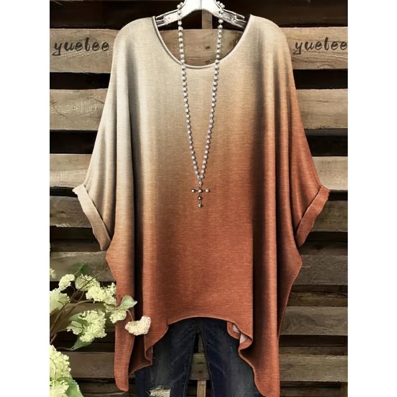 Women 's T-Shirt Simple Color Gradient Print Elegant Irregular Hem O- Neck Women's Clothing T-Shirt Vacation Clothes for Woman