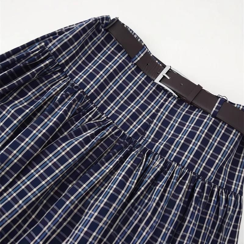 European American Fashion Plaid Midi Skirt with Versatile Belt