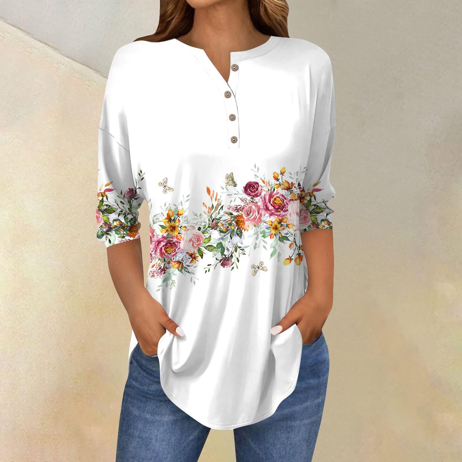 

Женские топы с рукавами 3/4, летние футболки с цветочным принтом и V-образным вырезом, повседневные базовые футболки с пуговицами, туники XXXL белый