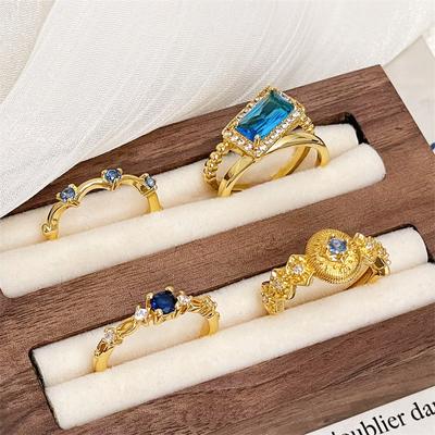 Gold Retro Brushed Medieval Open Ring, Colored Treasure, Blue Zircon With Diamonds, Exquisite High-End Light Luxury Ring For Women