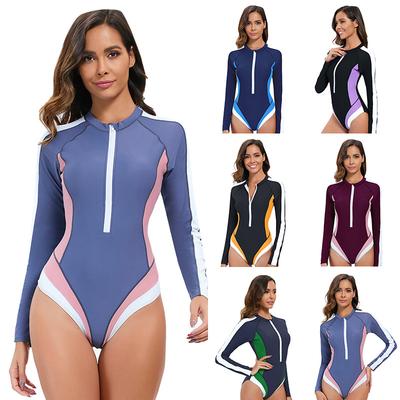 Costume da bagno intero Color Block da donna Manica lunga Zip frontale Scollo alto Costumi da bagno in nylon
