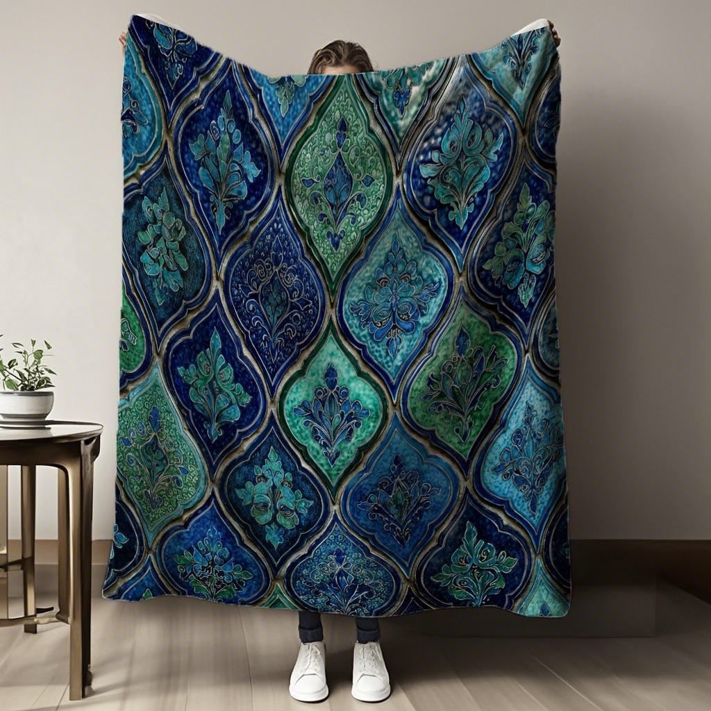 Elegant Turquoise Vintage Harajuku Blanket Aesthetic Geometric Pattern Soft Warm Cosy Throw for Bed Sofa Office Travel Hiking