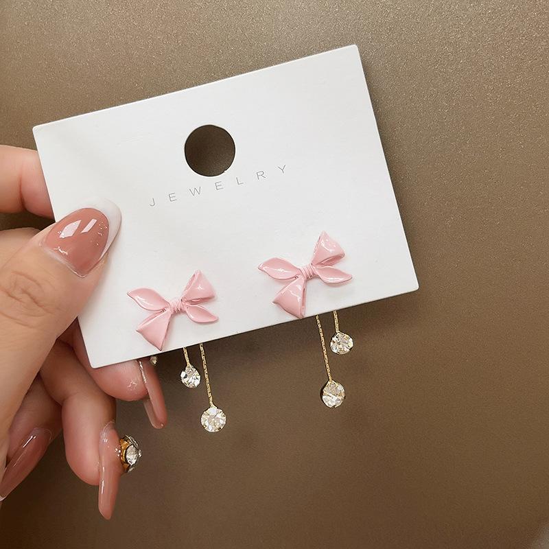 

Женские серьги Sweet Pink с длинными кисточками и блестящим цирконом в виде банта розовый