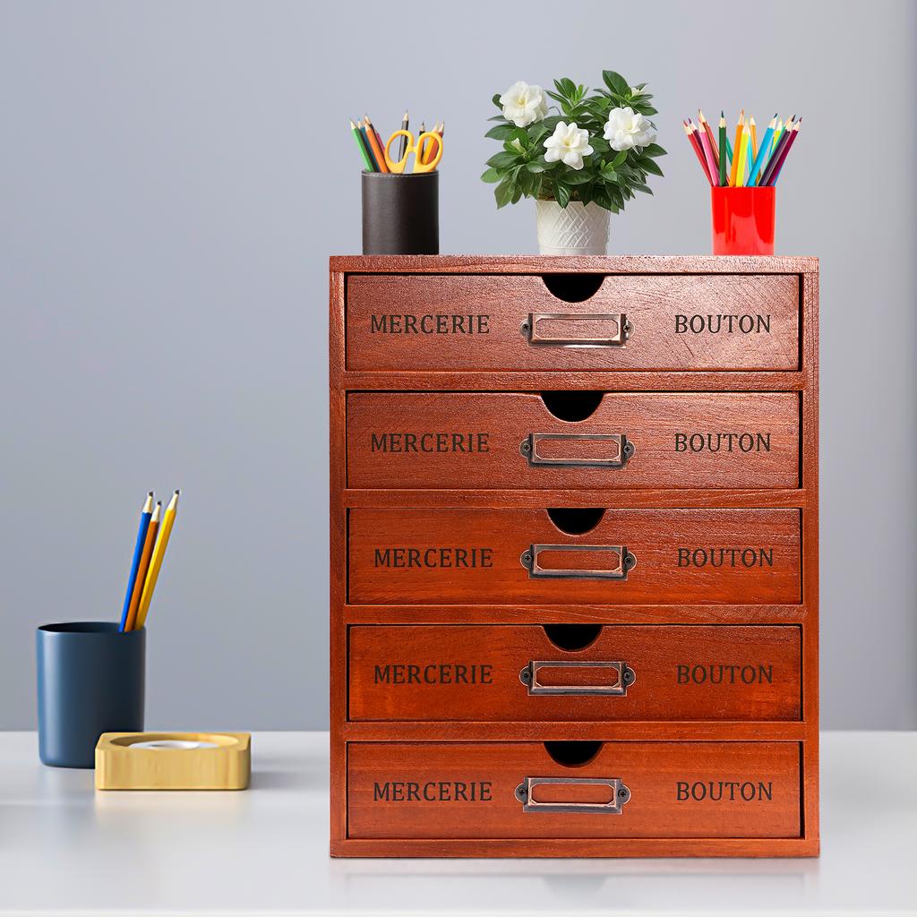 5-Drawer Wooden Desk Organizer,  Storage Drawers, Vintage Shelf Drawer For Organizing Documents, Files, Pens, Notebooks