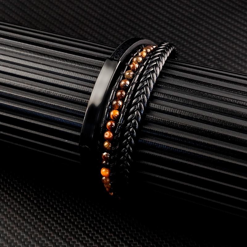MingAo Punk Stainless Steel Beaded Custom Name Men Charm Bracelet Multi-layer Bangle Leather braid Magnet Clasp bracelet Jewelry