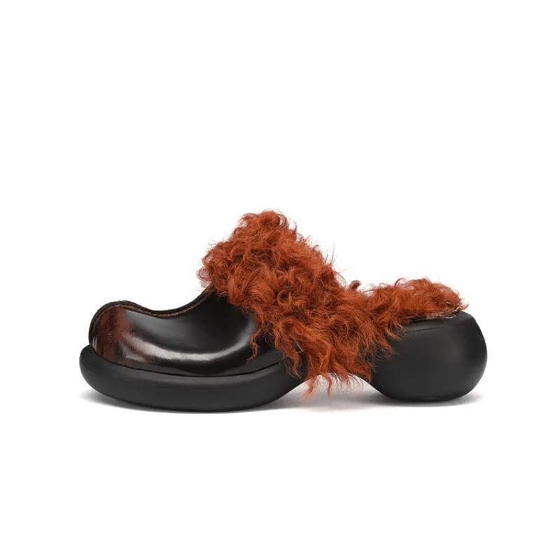 Fashion Vintage Rabbit Hair/wool Autumn and Winter Plush Slippers Women's Fashion Black Brown Warm Outdoor High Heel Cotton Shoes