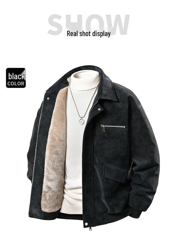 Men's American-Style Winter Leather Jacket with Fleece Lining – Solid, Warm, Windproof, Lapel, Loose Fit, Versatile.