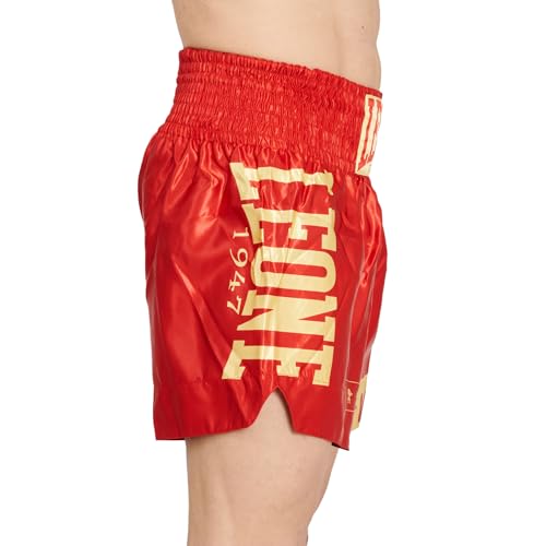 Leone 1947 DNA Shorts, Unisex Muay Thai/Kickboxing Shorts, Satin Fabric with Elastic Waist (Size Small), Red/Gold, AB966 [Authentic]