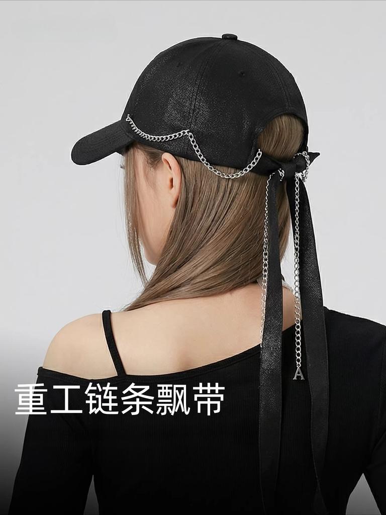 Women 2026 Spring New Chain Streamer Black Satin Baseball Cap Hard Top Shows Small Face Sun Peaked Cap
