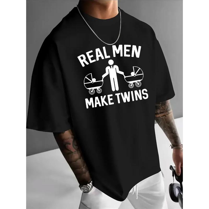 

European Size Proud Dad Graphic Tee - Real Men Make Twins Print, Casual Summer T-Shirt for Him, Soft Stretch Fabric, Round Neck, Everyday Tshirt 4XL чорний