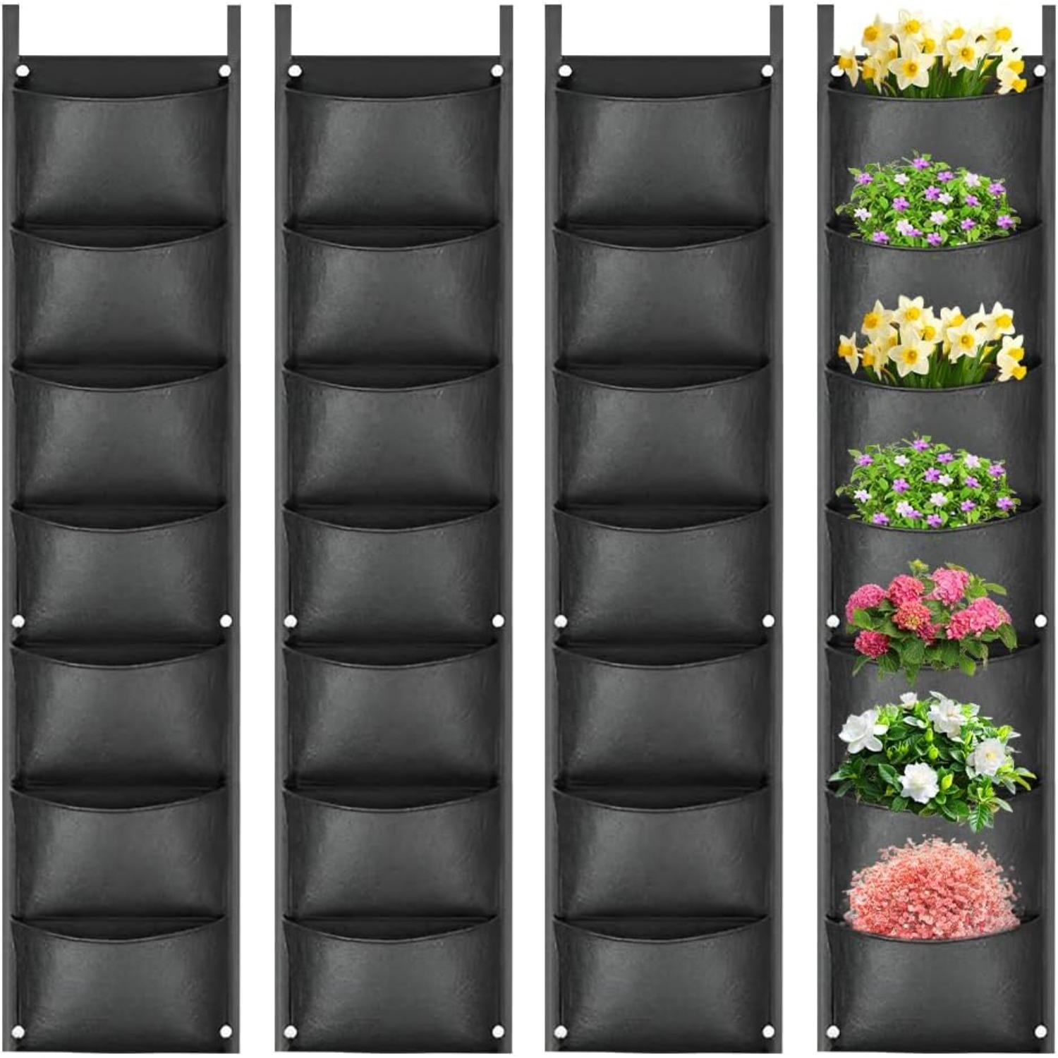 4 Pack Wall Planting Bags, 7 Pocket Hanging Plant Grow Bags, Vertical Hanging Garden Wall Planter, WallPlanting Storage Bag Flowerpot Bag 4PCS