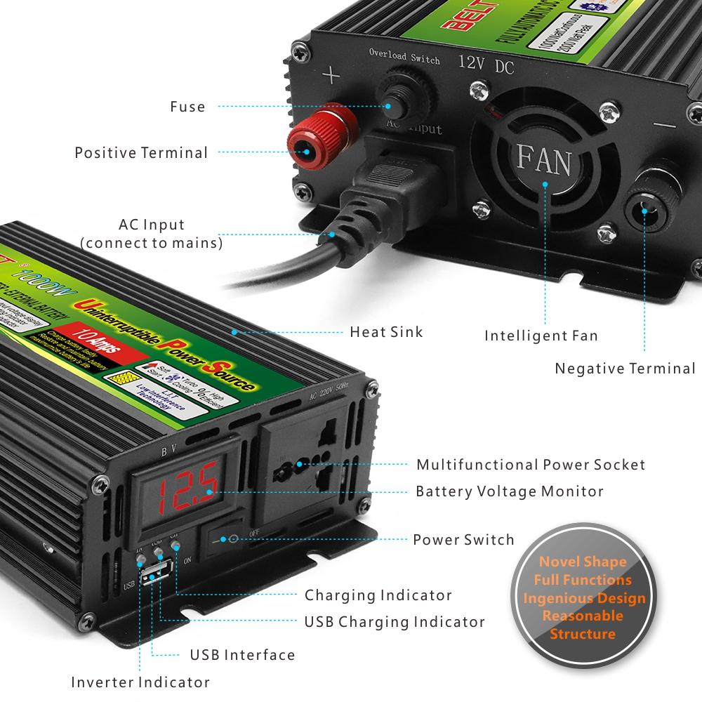 Free Shipping Dc12v To Ac 220v 230v 1000W UPS Power Inverter with Battery Charger