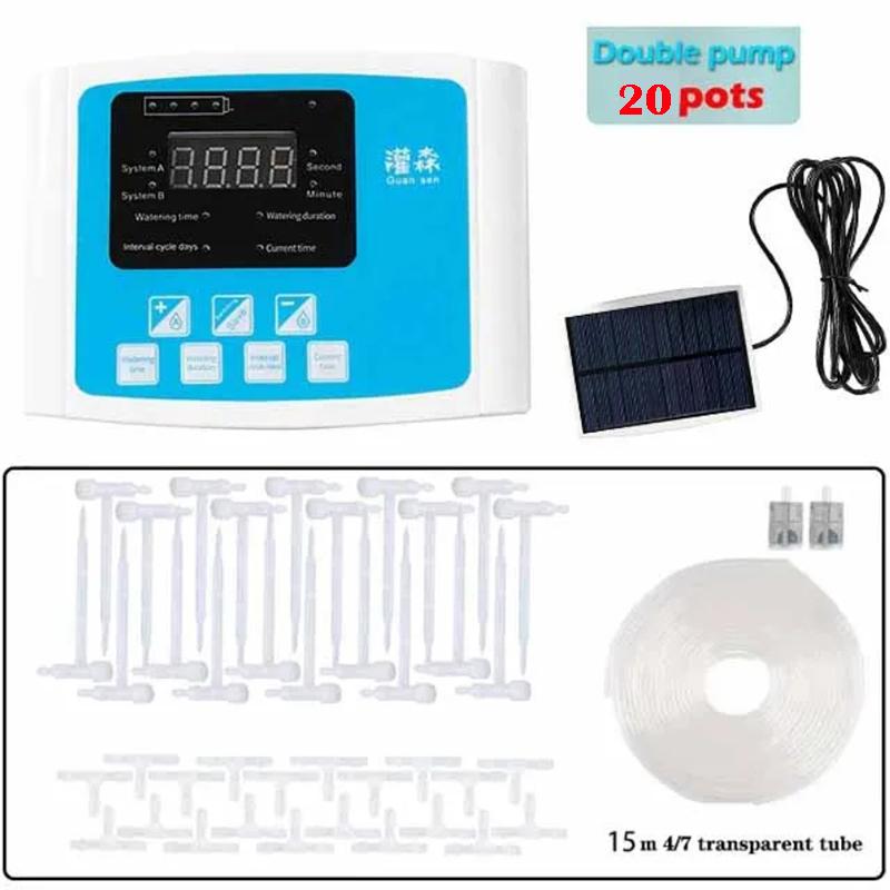 Automatic Solar Energy Drip Irrigation Device Double Pump Adjustable Valve Controller Timer System Intelligent Garden Watering
