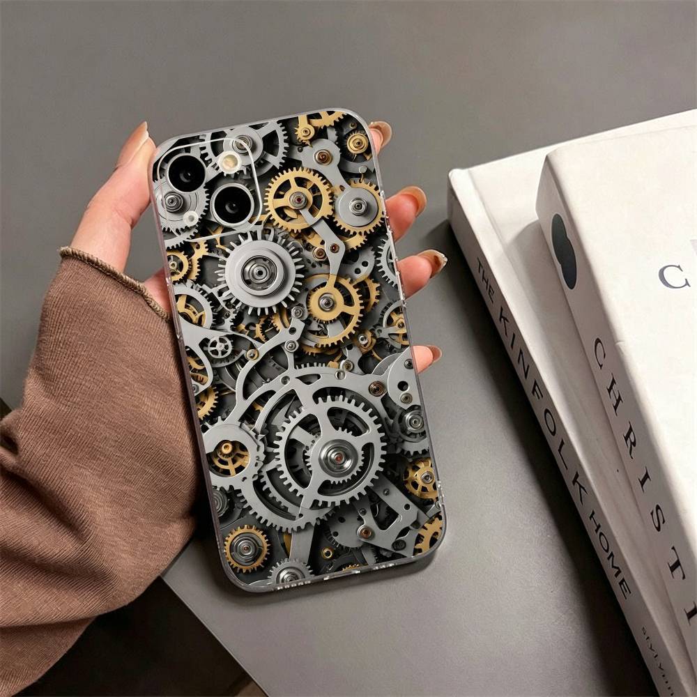 S-Steampunk Gear Mechanical COOL Phone Case For iPhone17,16,15,14,13,12,11 Plus,Pro Max Soft Transparent Cover